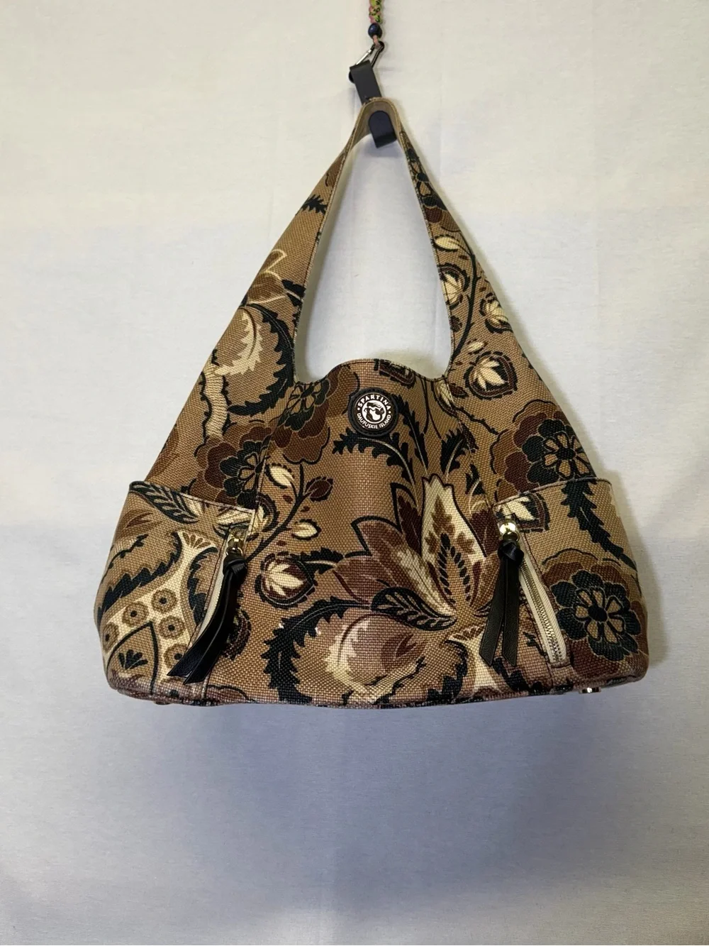Spartina 449 shoulder hobo‎ bag brown and black botanical tapestry design.